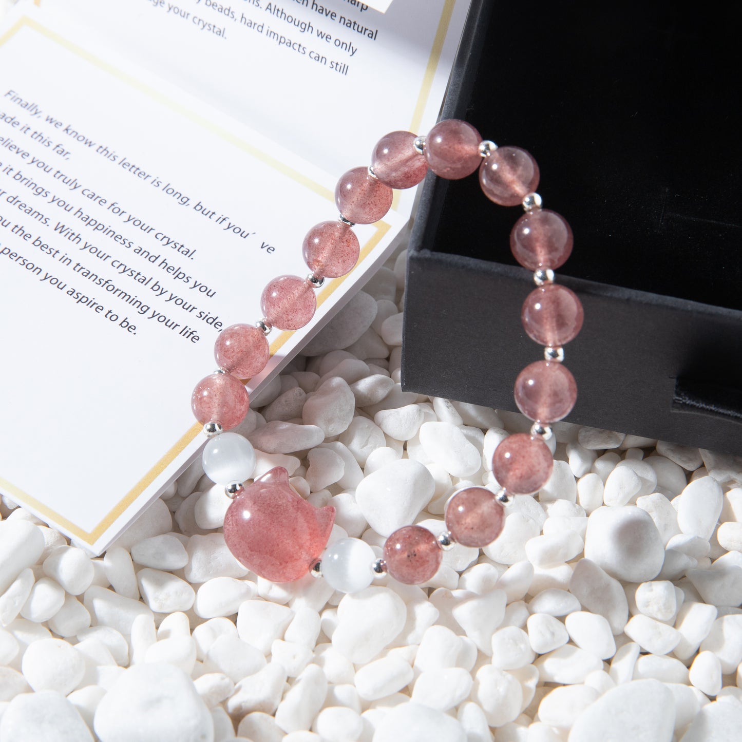 Pink strawberry quartz kitty bracelet, releasing personal charm and attracting the love.