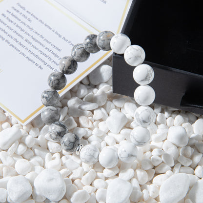 Natural white turquoise matched with map stone bracelet, energy protection, relieving anxiety, preventing nightmares, resisting negative energy. Gathering wealth, good mood, and protecting sleep.