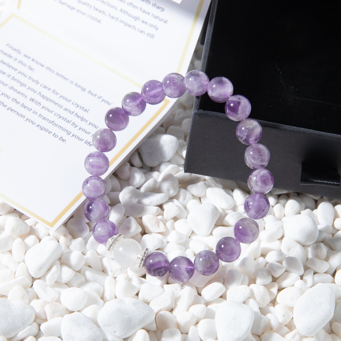 Amethyst bracelet, enhancing inspiration, relieving anxiety, and stimulating potential.