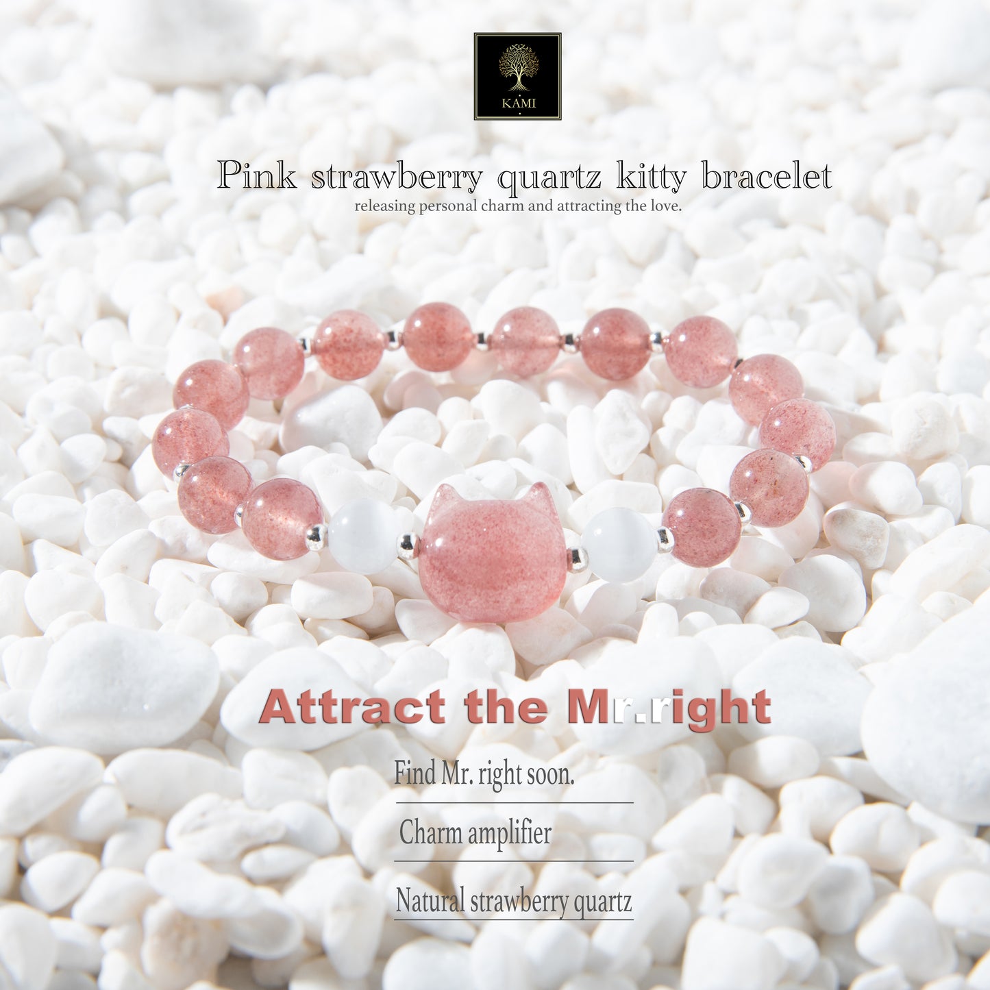 Pink strawberry quartz kitty bracelet, releasing personal charm and attracting the love.