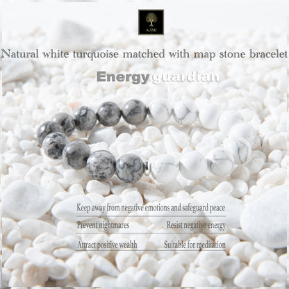 Natural white turquoise matched with map stone bracelet, energy protection, relieving anxiety, preventing nightmares, resisting negative energy. Gathering wealth, good mood, and protecting sleep.